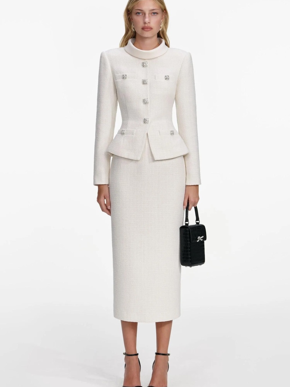 Elegant Ivory Tweed Peplum Blazer - Women
